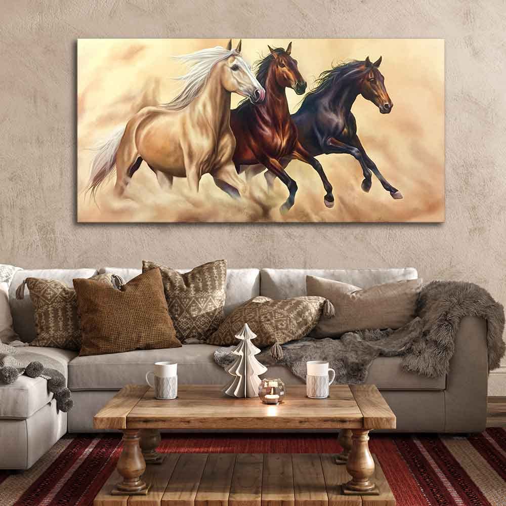 Homcraft Canvas Paintings for Living Room Drawing Room Three Horses Running Wall Painting Fitted With Wooden Frame for Home | Office | Gift (PTVCH_2334)