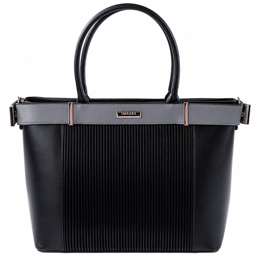SMAARA Stylish Tote Bag for Women | Office Laptop Bag for Women | Premium Faux Leather Handbag | Large Shoulder Tote Purse Fits 16 Inch Laptop for Work Travel & Daily Use | Onyx Aura(Black)