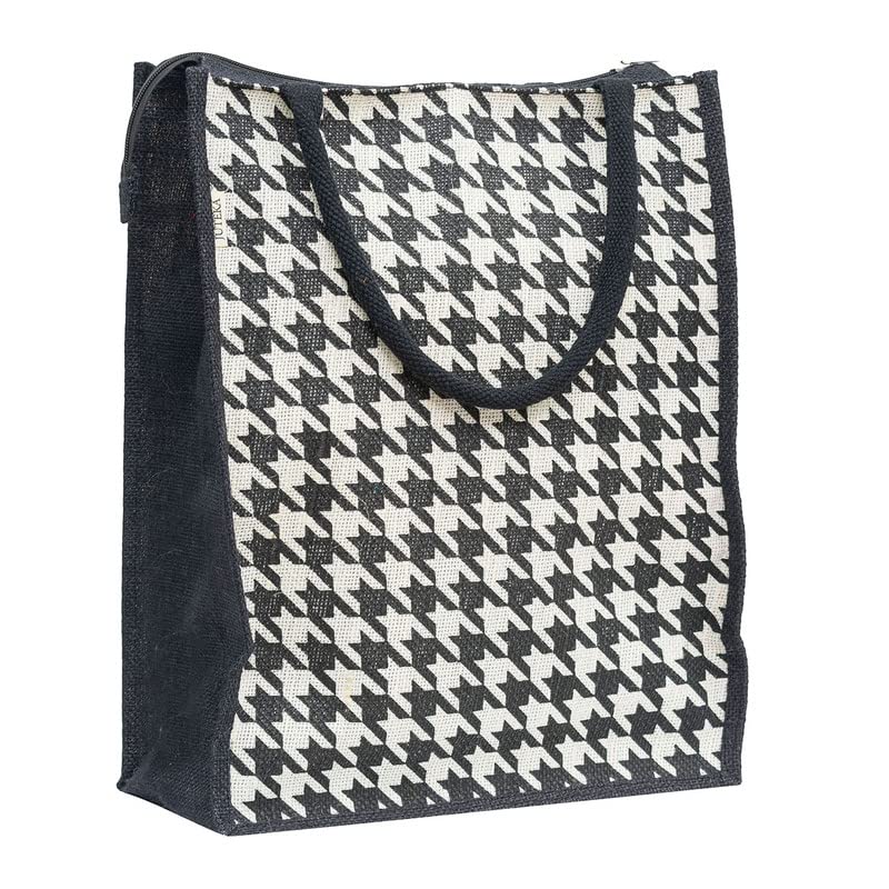 JUTEKA White Houndstooth Printed Jute Lunch Bag, Grocery Tote, Hand Bag, Picnic Bag for Men, Women, Girls, Kids with Zip