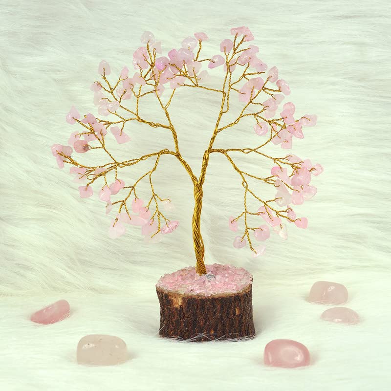 Reiki Crystal Products Rose Quartz 100 Bead Crystal Stone Tree | Natural Gemstone Money Tree for Love, Harmony, Emotional Balance & Positive Energy | Home Office Décor, Vastu & Feng Shui Gift