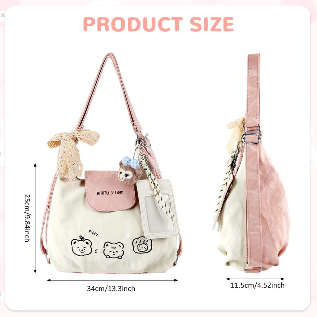 PALAY® Tote Bag for Woman Girls Beige Pink PU Leather Shoulder Bags with Plush Charm&Photocard Holder Cute Cartoon Bear Print Crossbody Bag for Books & Daily Use