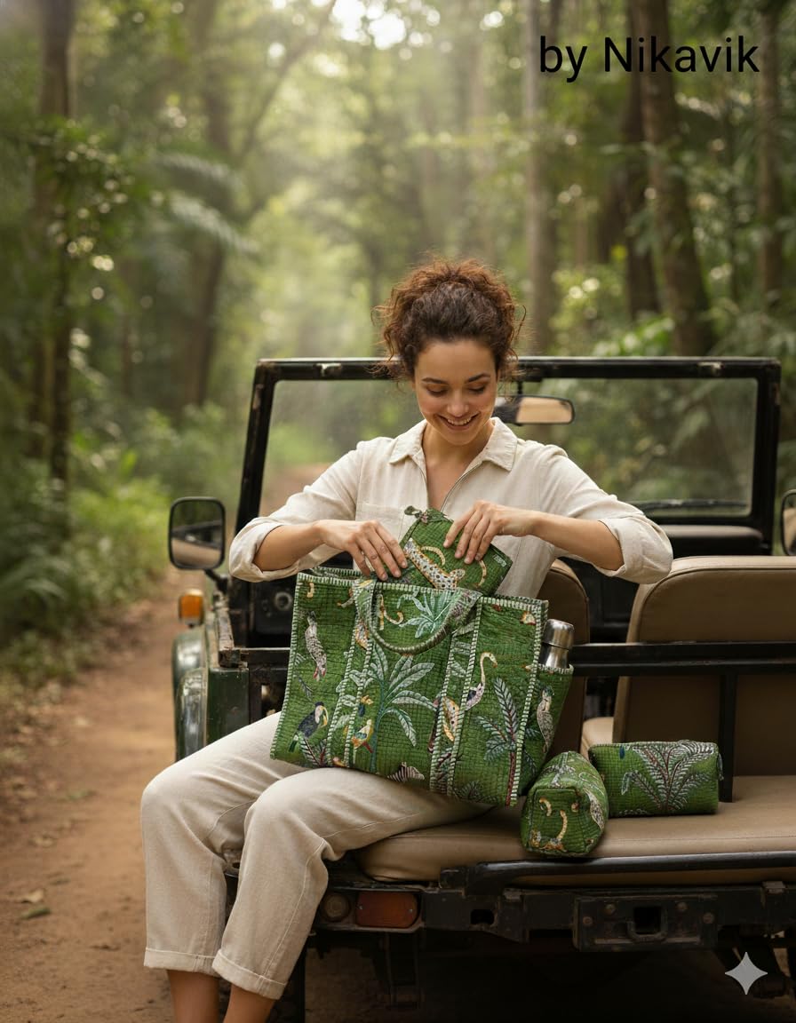 NIKAVIK 1 Tote Bags and 3 Pouch Quilted fabric Handblock Printed Tote Bag(with zip) and bottle compartment with Matching Pouches (Green)