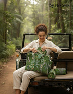 NIKAVIK 1 Tote Bags and 3 Pouch Quilted fabric Handblock Printed Tote Bag(with zip) and bottle compartment with Matching Pouches (Green)