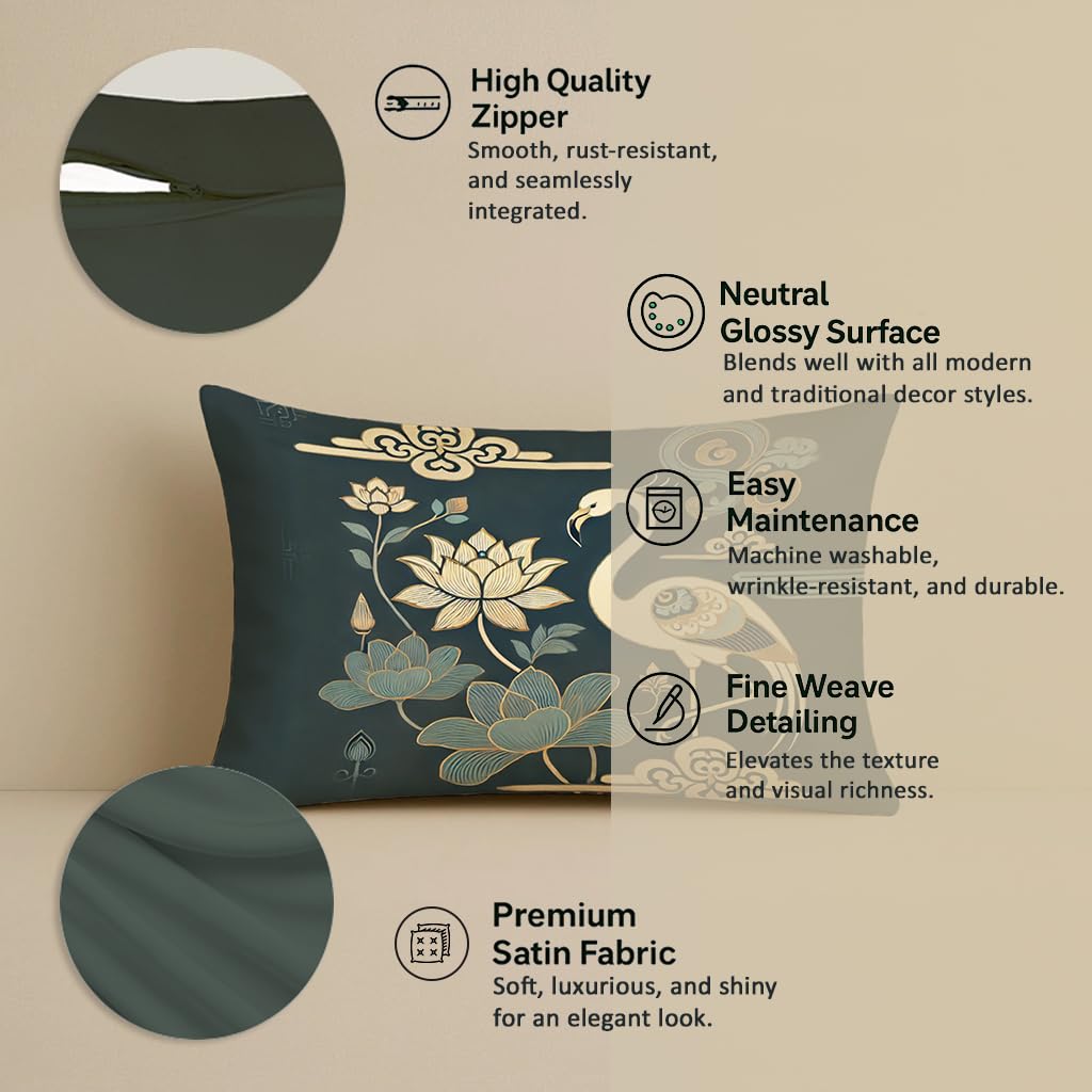 STITCHNEST Satin Cushion Covers with, Lotus & Gold Detailing – 12x18 Inch Decorative Pack of 2 for Living Room, Drawing Room, or Modern Ethnic Home Decor