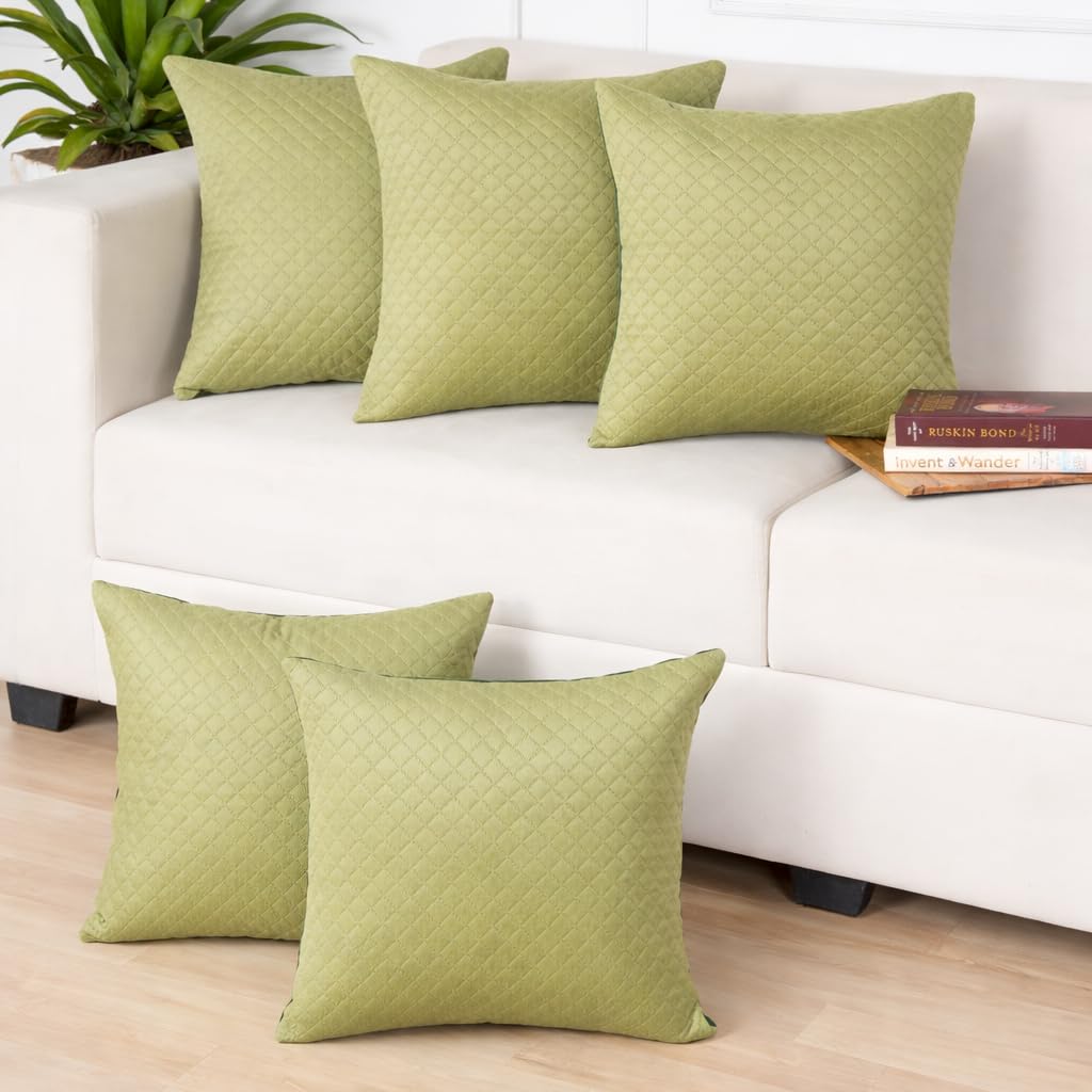 STITCHNEST Quilted Velvet Cushion Covers Set of 5 | Soft Mehndi | 24x24 Inches | Premium Sofa & Living Room Décor