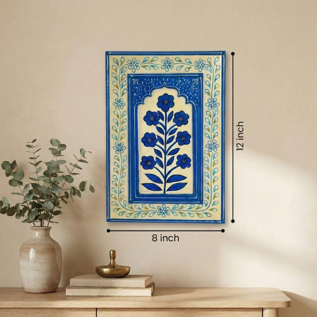 ATRANGI STUDIO Coastal Blue Wooden Wall Frame | Handpainted Jharokha Style Floral Wall Hanging | Rajasthani Traditional Art | Framed Wall Painting for Living room, Bedroom, Office | 12×8 Inch