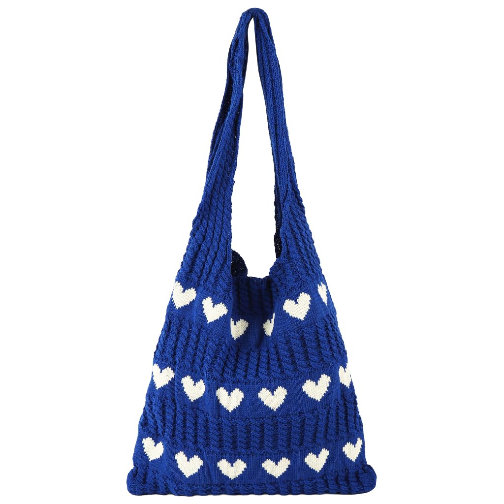 Zibuyu Crochet Tote Bag for Women, Heart-Shaped, Blue, 38x35CM