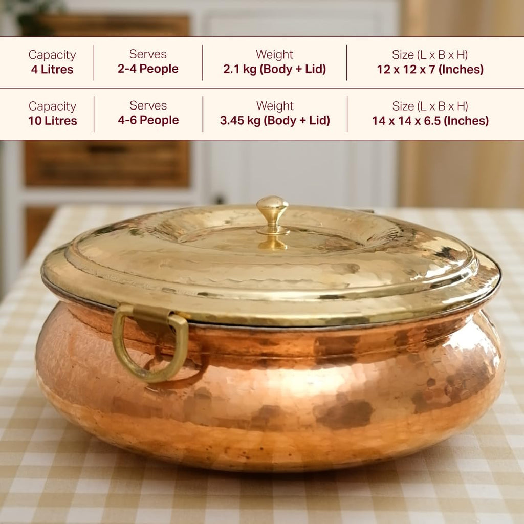 P•TAL Copper Hammered Lagaan 4L | Tin Coated with Brass Lid | 100% Pure Copper Degchi for Cooking Biryani Handi Ptal Brass Utensils for Kitchen