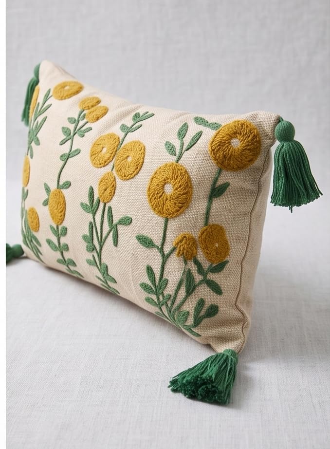 Furnistitchs Boho Rectangle Cushion Cover 12x20 inches | Handmade Decorative Throw Pillow Case | Bohemian Home Decor Sofa Bed Cushion Cover Living Room Bedroom (2, Mustard Seeds, 12x20 inches)