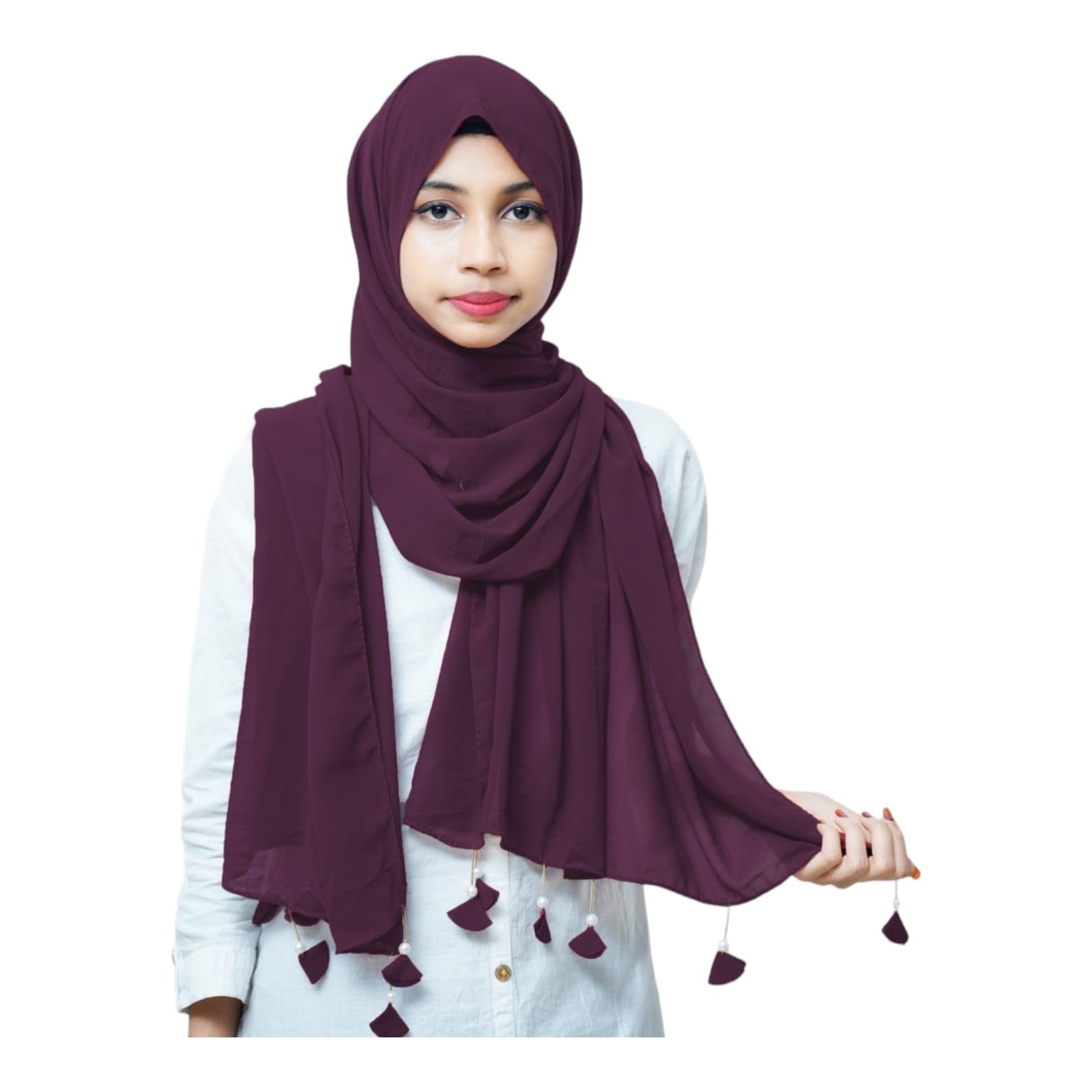 URSHIA HEART PEARL LATKAN HIJAB FOR WOMEN 80 CM BY 180 CM SCARF (DARK PURPLE) FOR Female