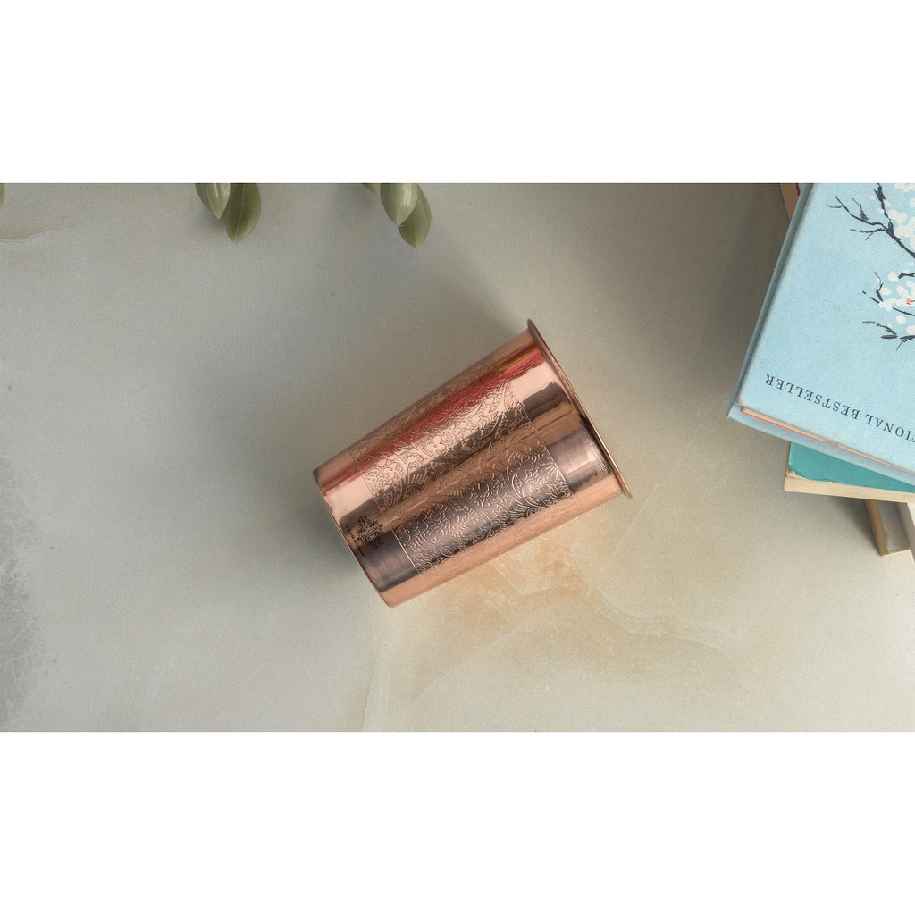INDIAN ART VILLA Pure Copper Embossed Design Glass - 275 ML, Copper Tumbler for Water Drinking, Elegant Drinkware & Serveware, Perfect for Gifting, Home, and Festive Décor, Set of 2