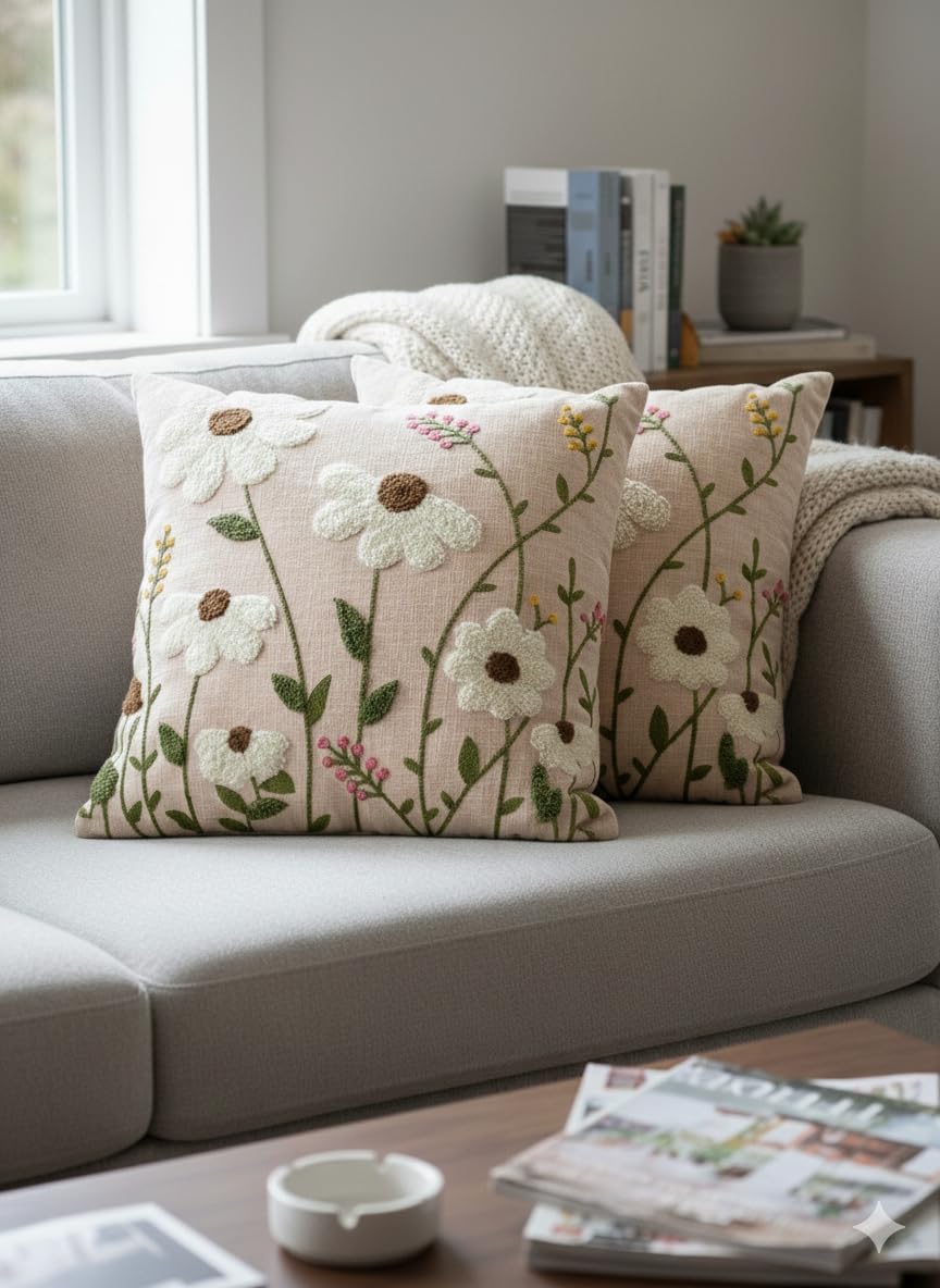 CASA-NEST Linen Embroidery Cushion Cover, Size -16x16 inch, Pack of 2 pc, Decorative Sofa Cushion (Beige, 2)