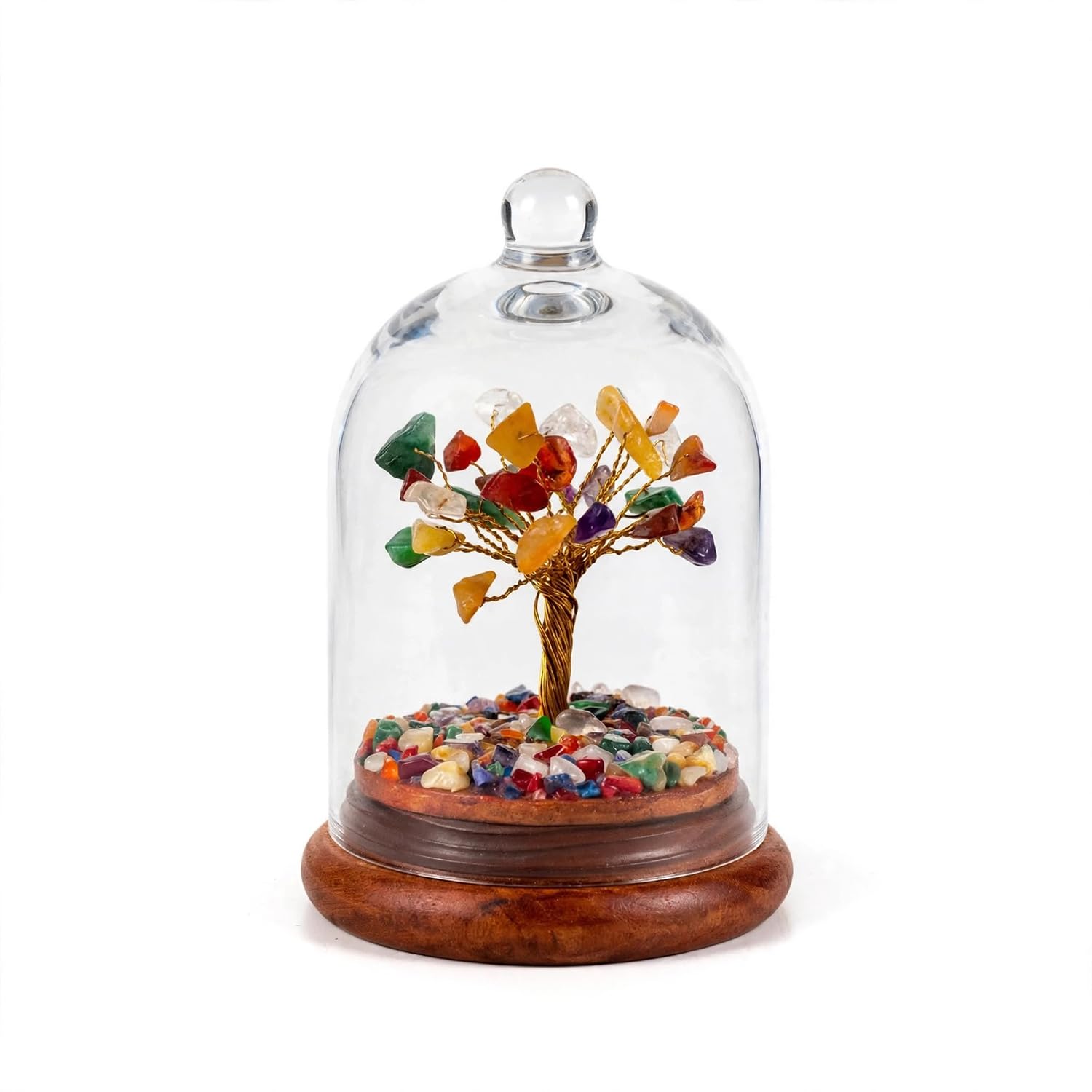 BhagyaG 7 Chakra Crystal Tree with Glass Dome & Wooden Base | 7 Chakra Gemstone Tree Showpiece for Home, Office, Meditation & Décor | Handmade Healing Crystal Gift