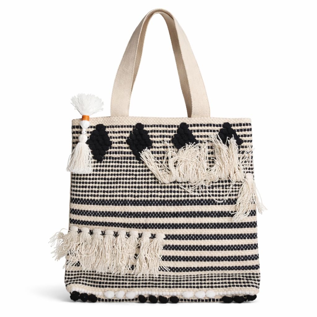 PUMITOWN Tote Bag for Women, Boho Woven Canvas Shoulder Bag with Tassel & Fringe Detail, Greenish-Blue Striped Handbag, Eco-Friendly, Large Capacity, 16x15 Inches (Beige)