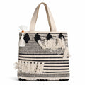 PUMITOWN Tote Bag for Women, Boho Woven Canvas Shoulder Bag with Tassel & Fringe Detail, Greenish-Blue Striped Handbag, Eco-Friendly, Large Capacity, 16x15 Inches (Beige)