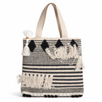 PUMITOWN Tote Bag for Women, Boho Woven Canvas Shoulder Bag with Tassel & Fringe Detail, Greenish-Blue Striped Handbag, Eco-Friendly, Large Capacity, 16x15 Inches (Beige)