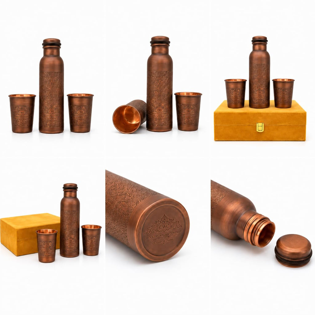 cWc Pure Copper Water Bottle with 2 Copper Glasses | Soft Touch Finish | Leakproof Copper Bottle for Drinking Water | Ayurvedic Health Benefits | BPA Free | Ideal for Home, Office & Gift