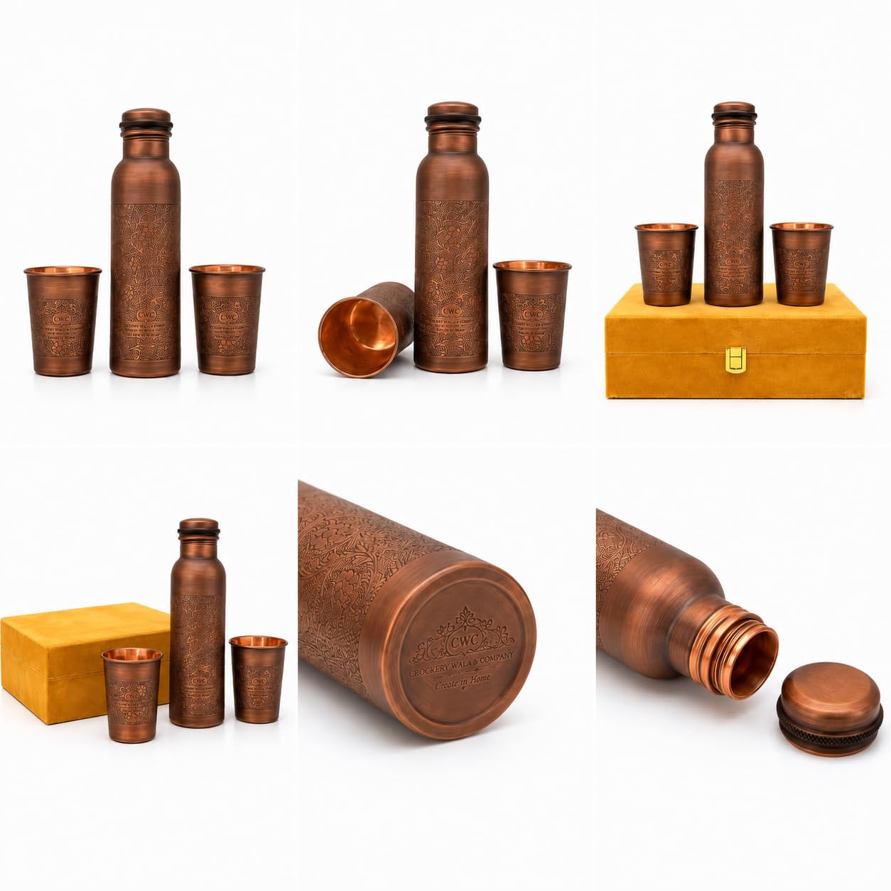 cWc Pure Copper Water Bottle with 2 Copper Glasses | Soft Touch Finish | Leakproof Copper Bottle for Drinking Water | Ayurvedic Health Benefits | BPA Free | Ideal for Home, Office & Gift