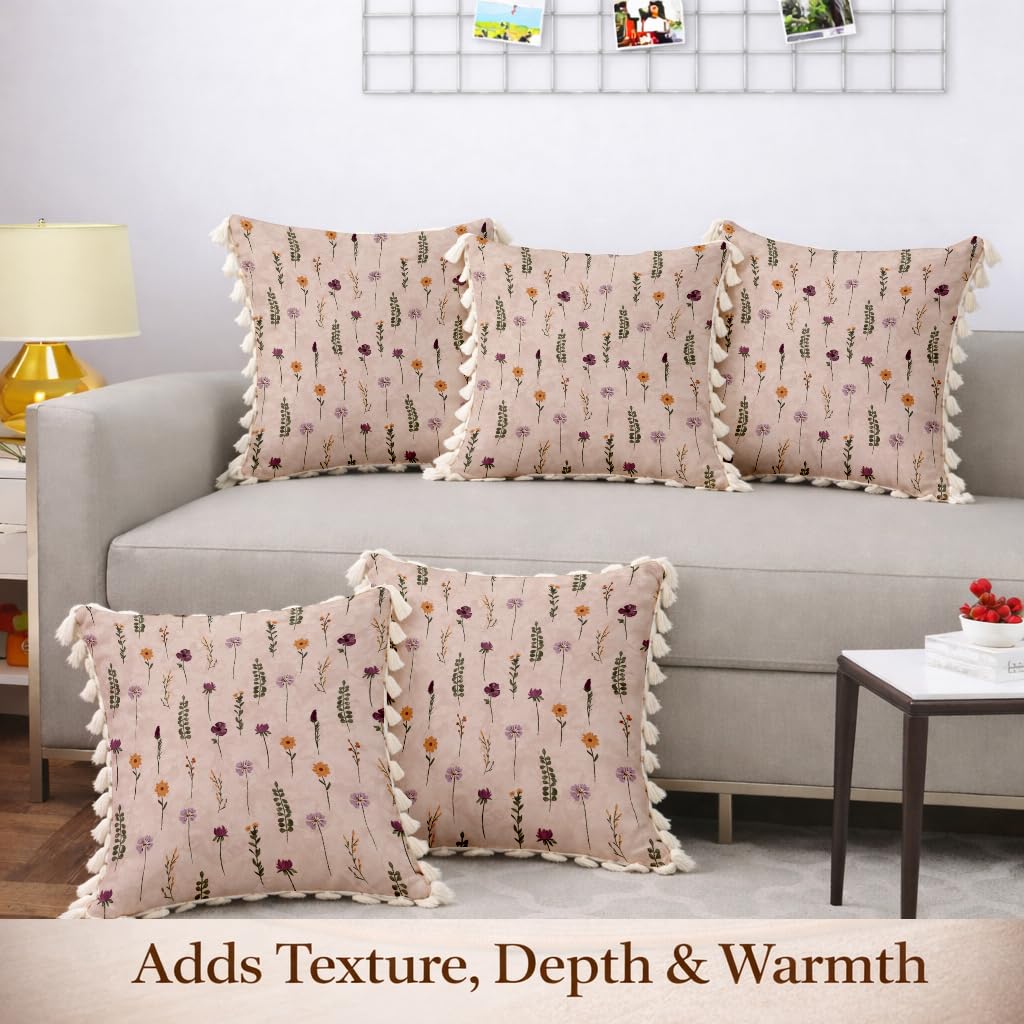 STITCHNEST 'Little Meadow Series' Tassled Cushion Cover | Set of 5 | Floral Cushion Cover 16 inch x 16 inch
