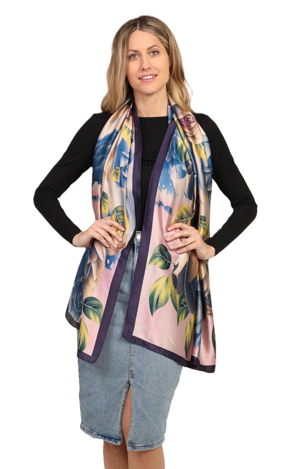 Alexvyan Satin Silk Summer Scarves 180 x 84 cm, Blue Rose Theme with Stitched Border, Lightweight Fashion Scarf for Women Sun Protection Stole
