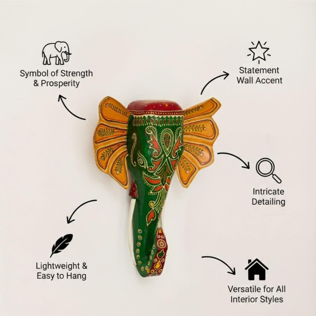 ATRANGI STUDIO Handpainted Wooden Elephant Wall Decor | Ethnic Wooden Wall Art | Symbol of Strength & Wisdom | Wall Hanging for Home, Corridor & Balcony | Ready to Hang | 11 Inch, Green