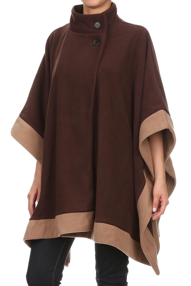 BSB LL Womens Poncho Outer Coat Fall Winter Soft Fleece Open Front Button, Brown / Camel Trim, Large to X-Large