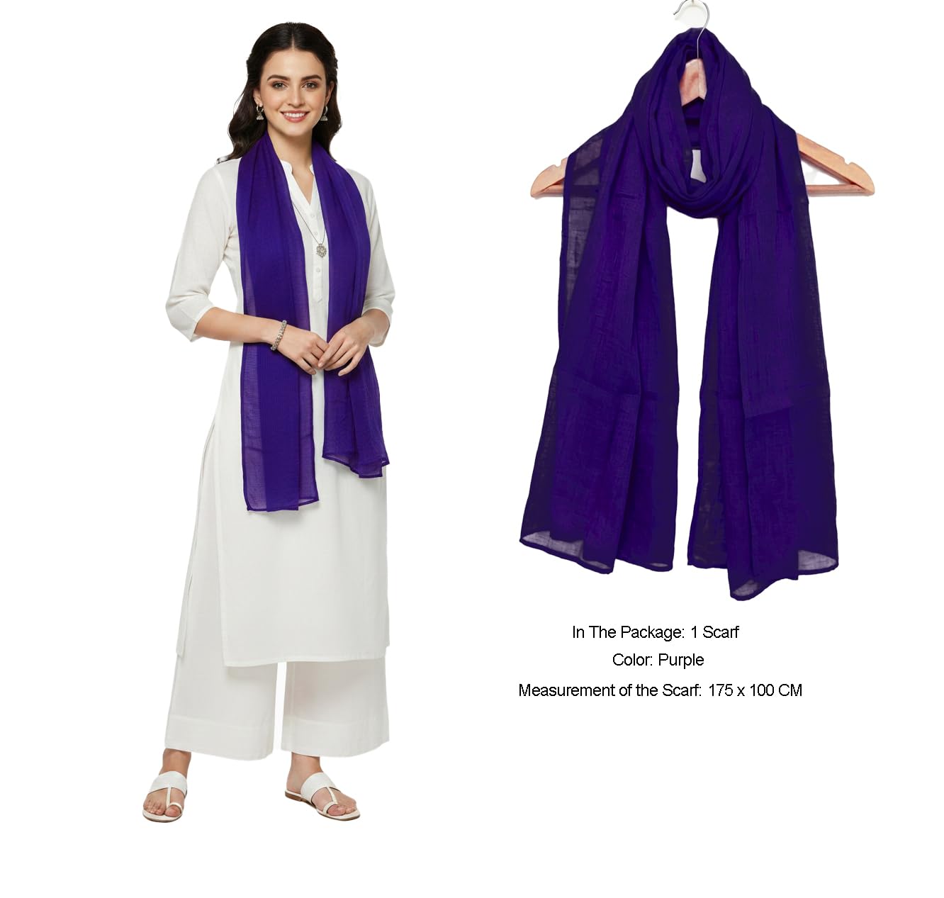 Pure Cotton Scarf Stole for Women, 175 x 100 cm, Lightweight, Versatile, Multiple Colours (Purple)