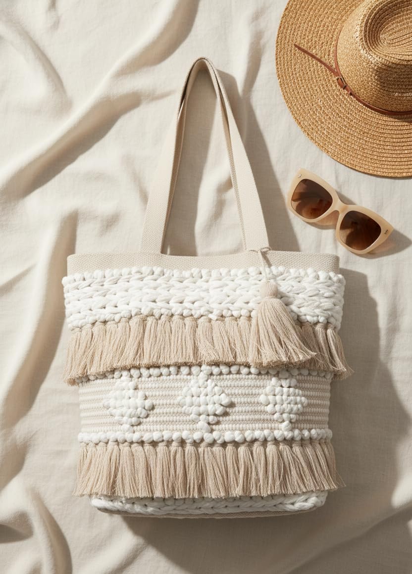 Boho Tote Bag for Women – Cotton Rope Woven Shoulder Bag with Tassels, Handmade Macrame Beach Tote, Large Eco-Friendly Summer Handbag for Travel, Shopping & Everyday Use