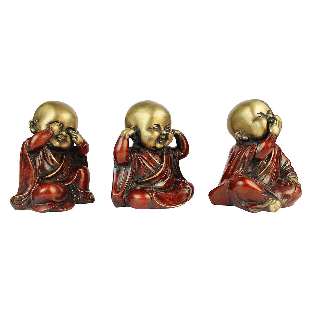 Svarup Three Wise Monks in Brass Statues of Baby Buddha Who Hear No Evil Don't Do Evil, Don't Speak Evil Set of Three Buddha Statues Height 5 Inch Weight 4 Kg Color Cherry Gold