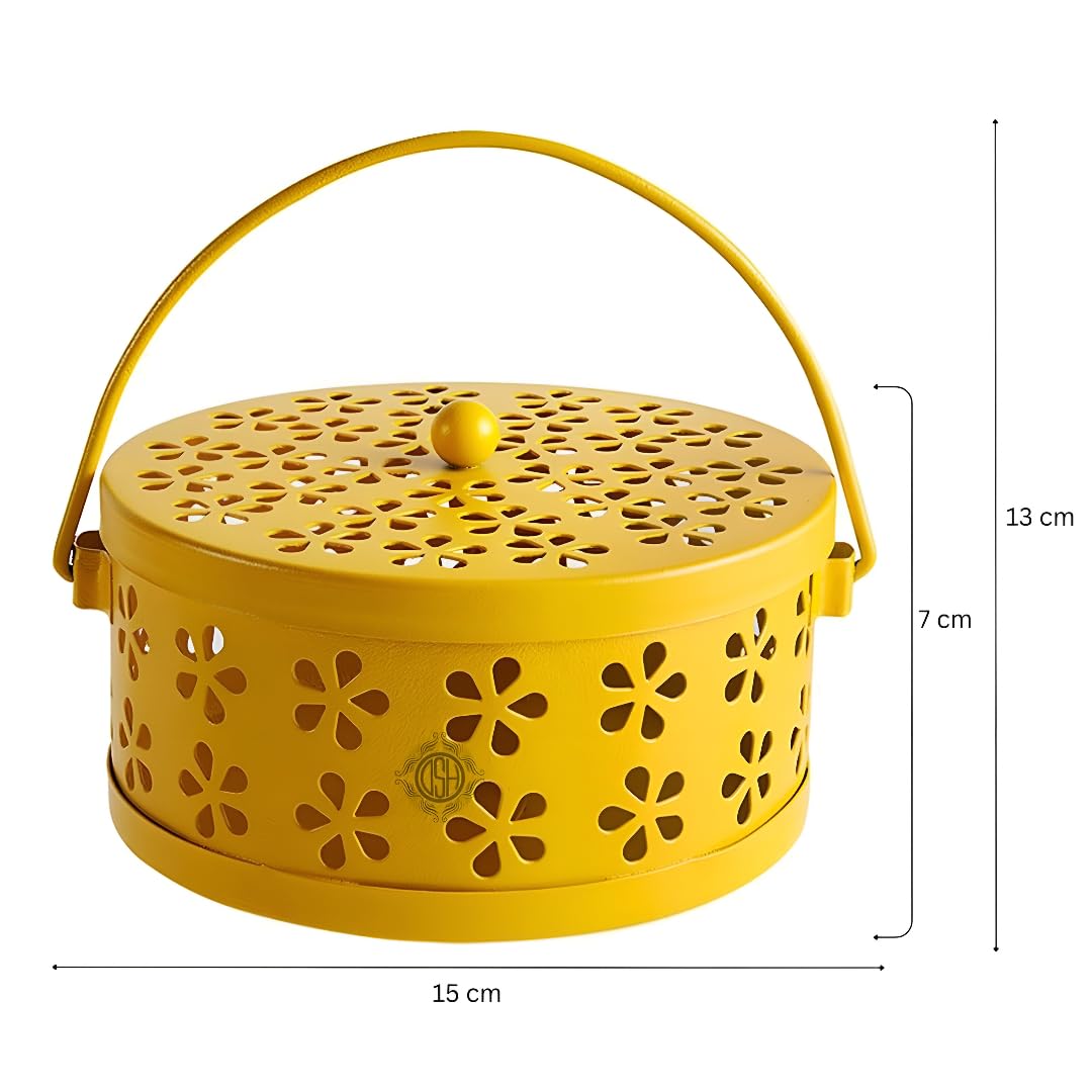 DSH Metal Mosquito Coil Holder with Lid & Handle Ash Catcher Stand for Mosquito Coil Indoor Outdoor Safe Use (Yellow)