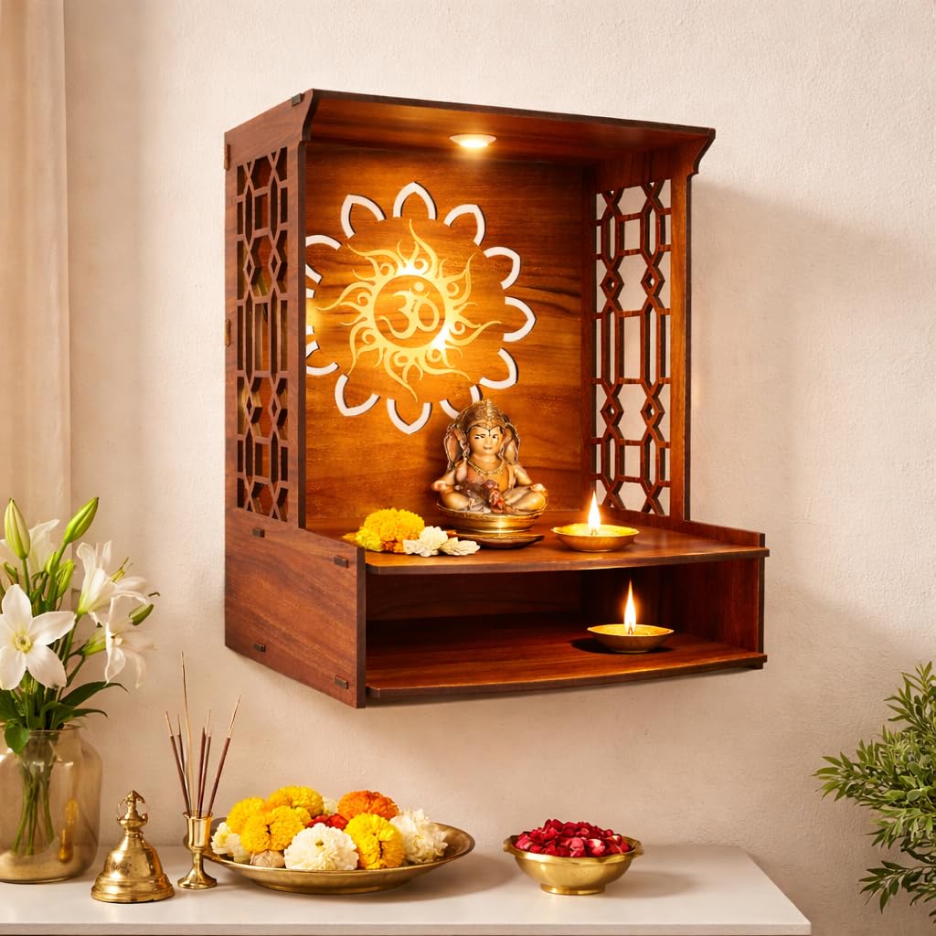 SHIVASHRAY CRAFTS Wooden Pooja Mandir for Home Wall Mounted | Om Design Temple Stand for Home Decor & Office | MDF Puja Stand (15.5 x 11.5 x 11 Inch)