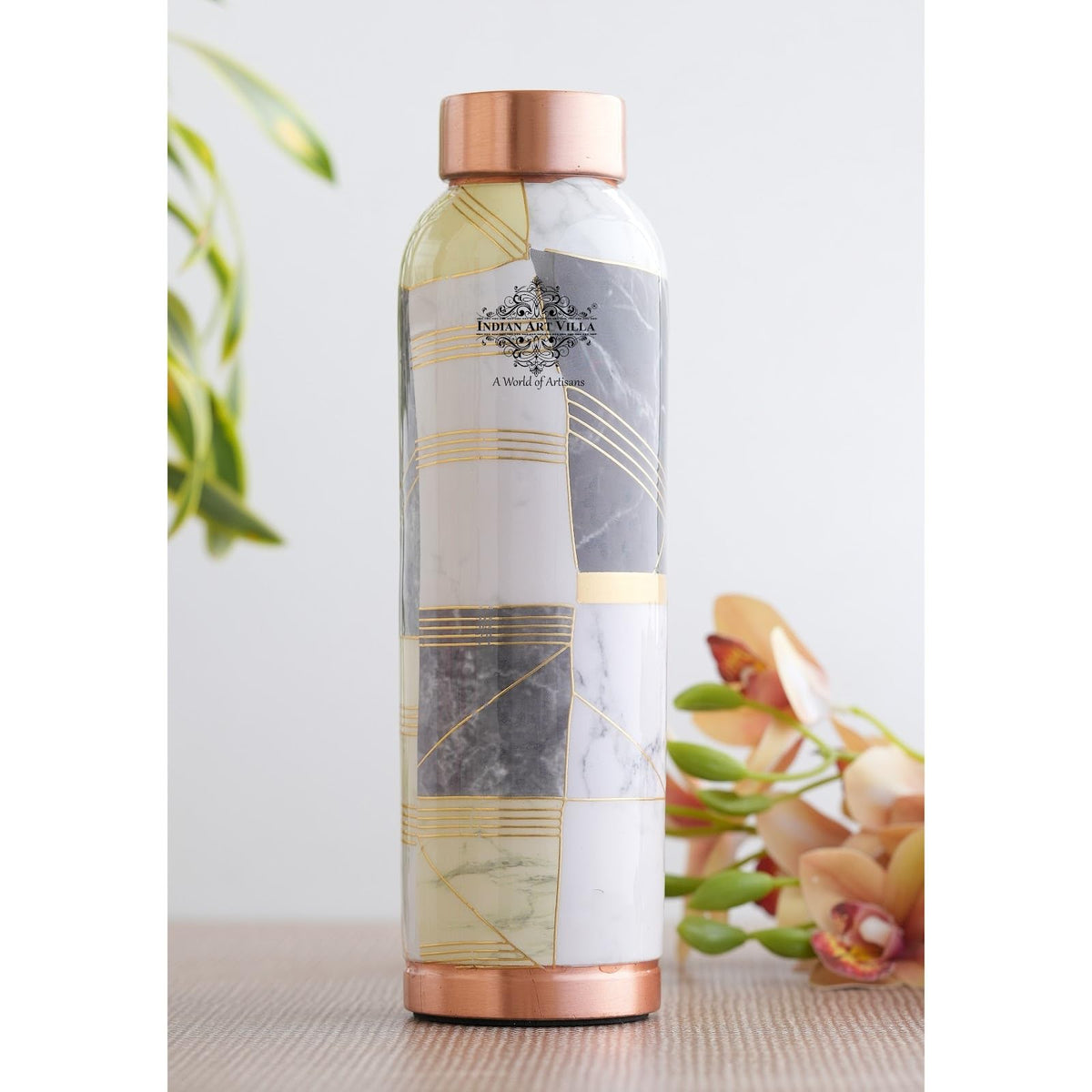 INDIAN ART VILLA Copper Gold Marble Print Copper Bottle, Copper Drinkware, Volume- 900 ML (Pack of 1)