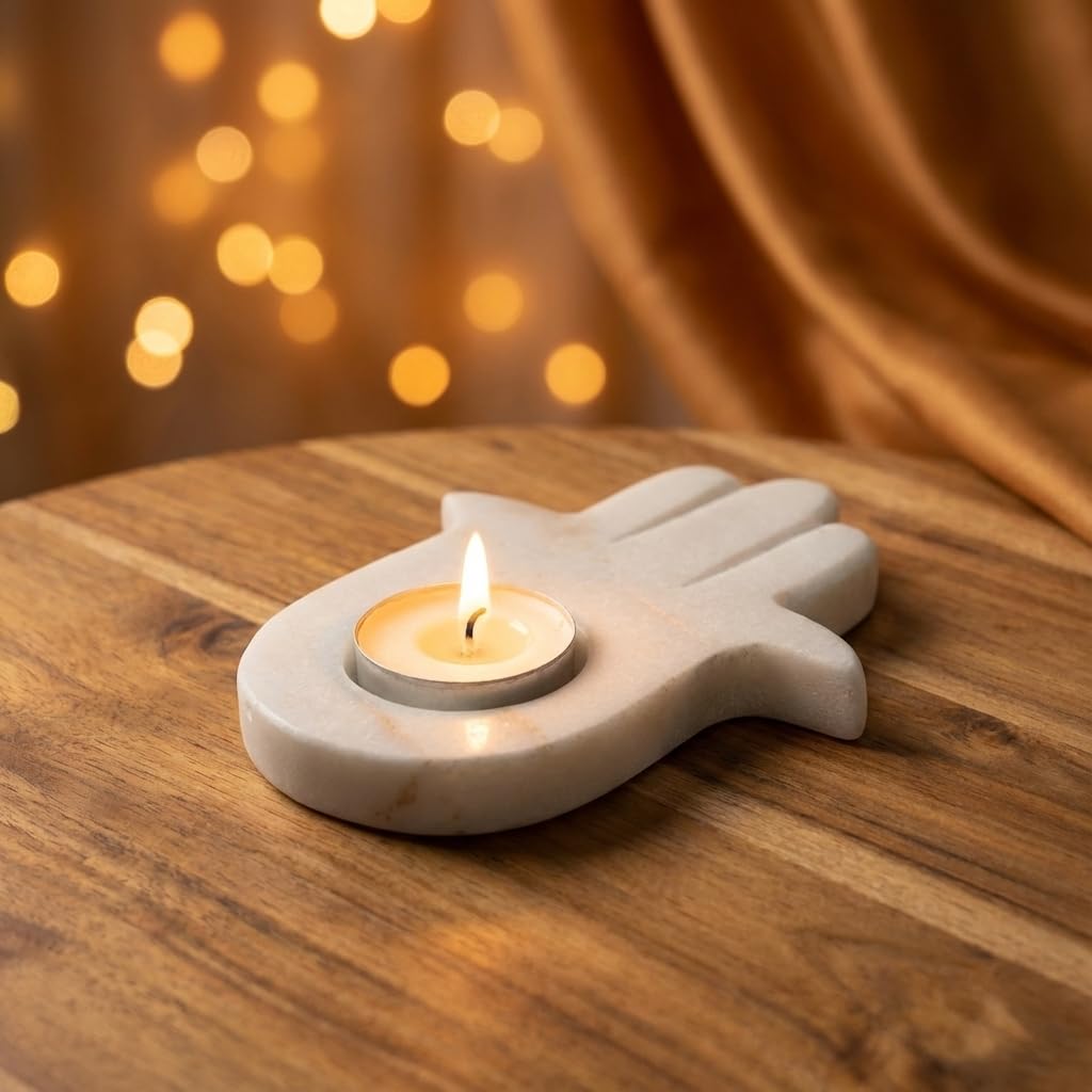 House Of Wemy Hamza Hand Marble Tealight Candle Holder – Decorative Hamsa-Shaped Marble T-Light Holder for Home Décor, Festive Ambience & Spiritual Protection – Unique Gift Idea (Pack of 1)