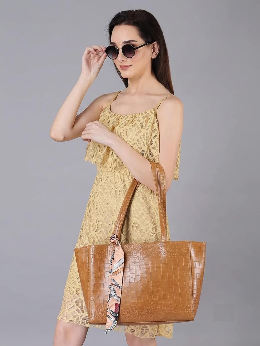 DANIEL CLARK Large Crocodile Texture Tote Bag |PU Leather Shoulder Handbag for Office, Shopping & Travel Handbag with ribbon scarf for Women & Girls (Tan)