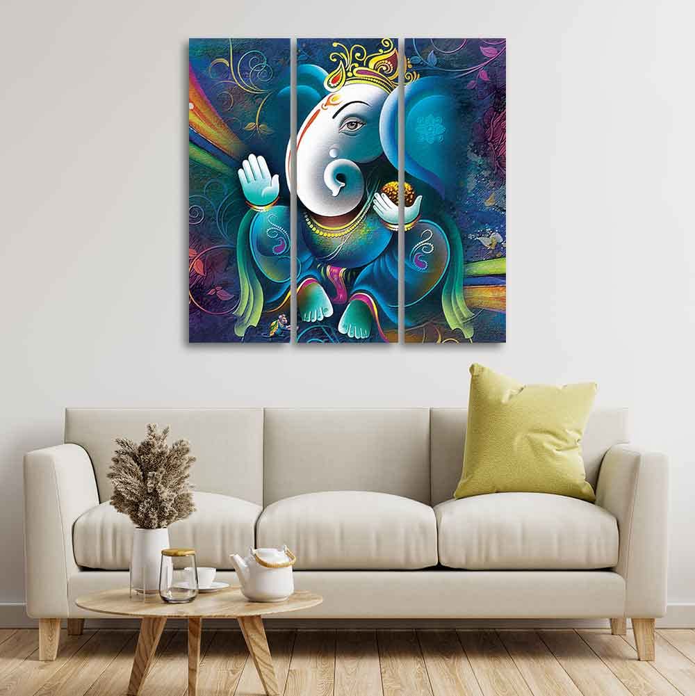 VIBECRAFTS 3 Pieces Shri Ganesha Canvas Wall Painting Fitted With Wooden Frame For Home | Office | Living Room | Gifts (PTVC3Pcs1_9513)