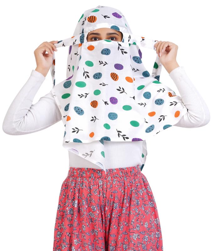 Cambric printed Cotton Head scarf for hair and face skin protection/Usable for vehicle Driver for sunlight UV protection / Free Size for Girls and Women (110 * 80 cm) -(Pack 1- Green Butta in White)