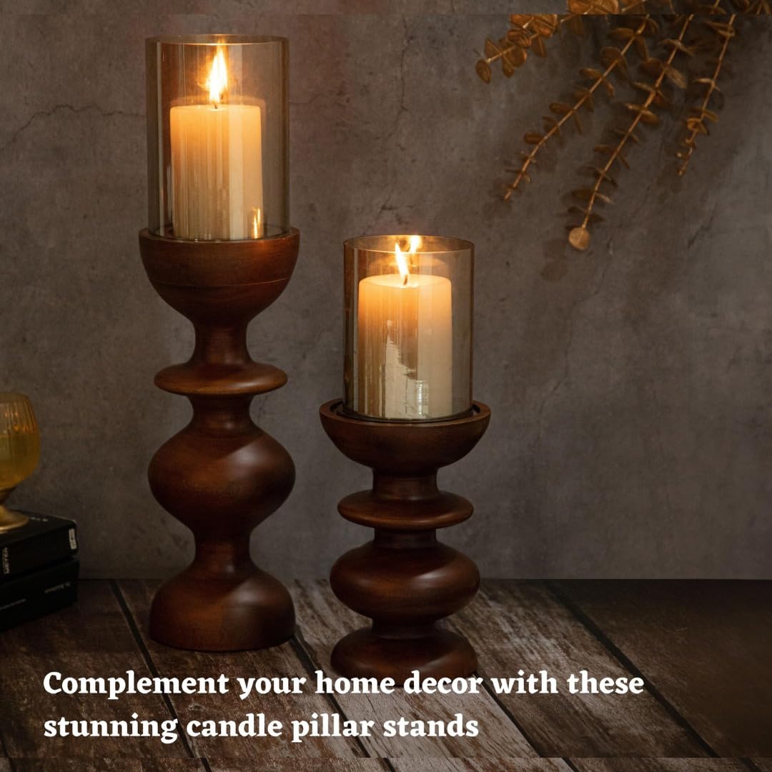 DREAMY WALLS Wooden Candle Stands For Home Decor With Glass (Set Of 2)- Mango Wood Candle Holder Stand,Dining Table Decor,Wavy Round Pillar Candle Holder,Decorative Candle Stands ,Light Brown