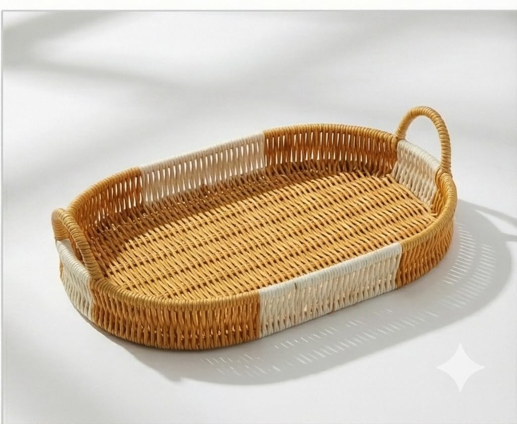 Z W A Handwoven Rattan Oval Serving Tray | Multipurpose Decorative Wicker Baskets with Handles | Boho Home Décor, Coffee Table Organizer, Bathroom & Kitchen Storage Trays. (Small Tray only)