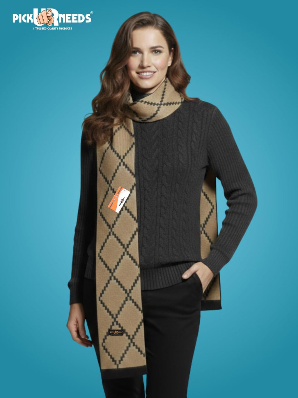 Pick Ur Needs Premium Winter Woolen Scarf for Women Designer Checkered Warm Muffler Soft, Stylish & Cozy Cold Weather Wrap (Brown)