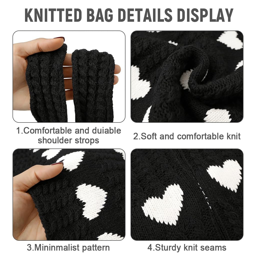 Zibuyu Pack Crochet Heart Tote Bag, Soft Knit Aesthetic Shoulder Black
