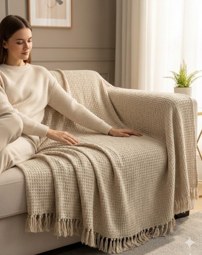 HAKAM Cotton Handloom Waffle Slub Throw Blanket for Sofa & Bed | Soft Lightweight Biege Decorative Throw with Tassels | All-Season Cosy Couch & Bed Throw (125×150 cm) Kafalo