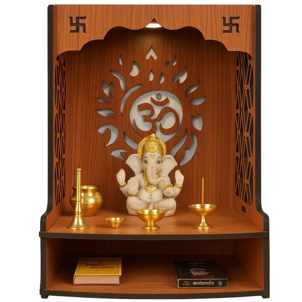 ANCHARA Wooden Pooja Mandir for Home | Handcrafted Small Home Temple with Om Design | Wall-Mounted/Countertop Prayer Unit | Compact Mandir for Office, Home, Gift | 27 x 14 x 36 cm