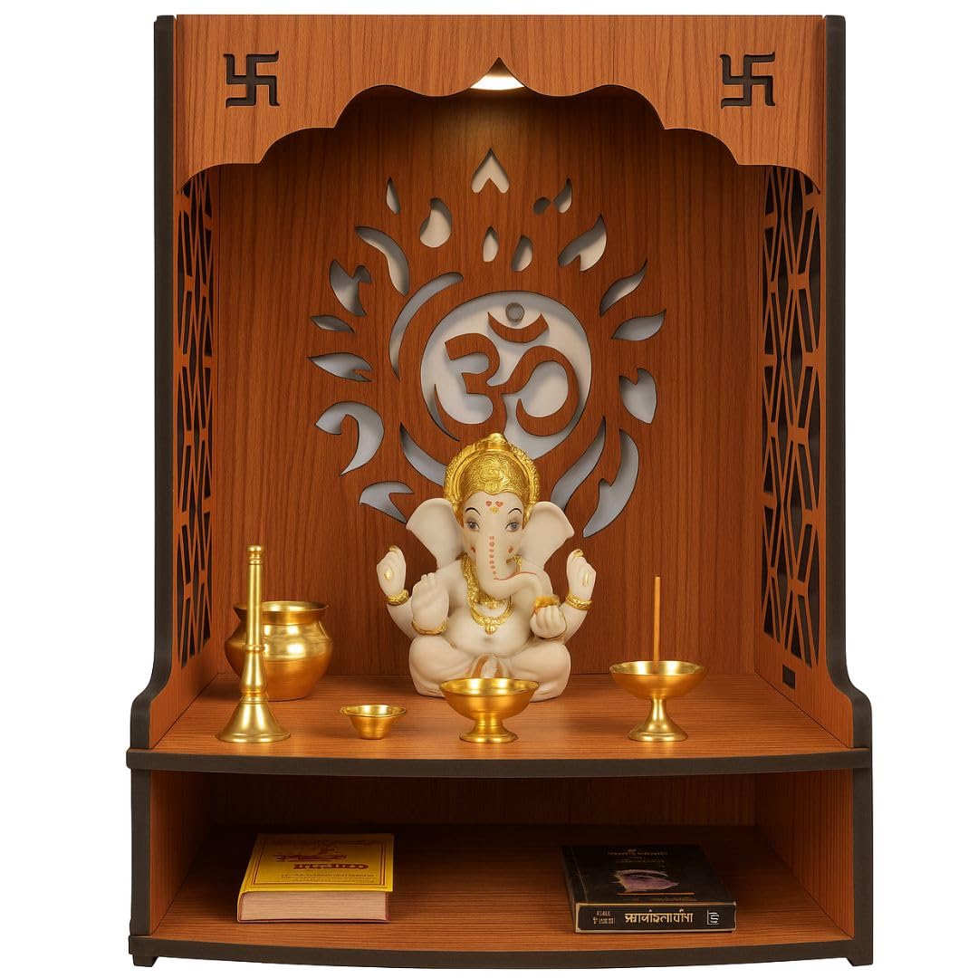 ANCHARA Wooden Pooja Mandir for Home | Handcrafted Small Home Temple with Om Design | Wall-Mounted/Countertop Prayer Unit | Compact Mandir for Office, Home, Gift | 27 x 14 x 36 cm