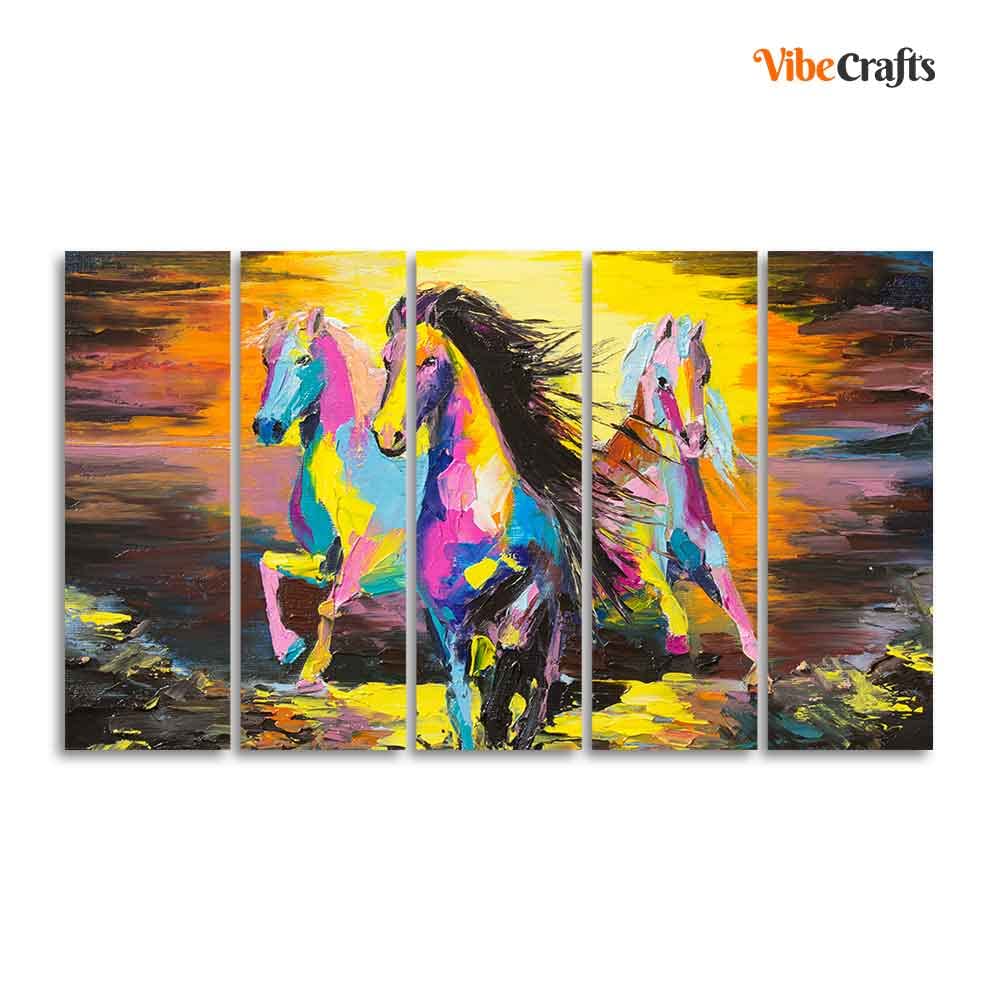 VIBECRAFTS Three Running Horses Abstract Art Canvas Five Pieces Wall Painting For Home|Office|Living Room|Gift (PTVC5Pcs4_8586)