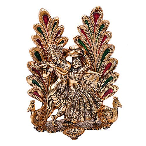 Prince Home Decor & Gifts Golden Oxidized Radha Krishna Statue with Diya and Dancing Peacock in Background
