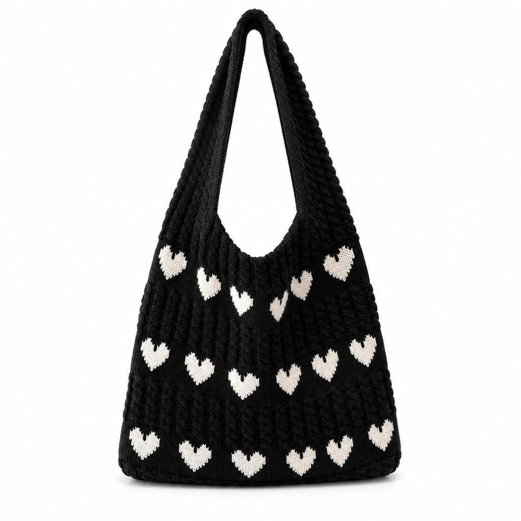 Kawn® Premium Knitted Heart Pattern Tote Bag Large Stylish and Durable Trendy bag for Everyday Use Beach Shopping Travel Work – Comfortable and Trendy Design (Black)