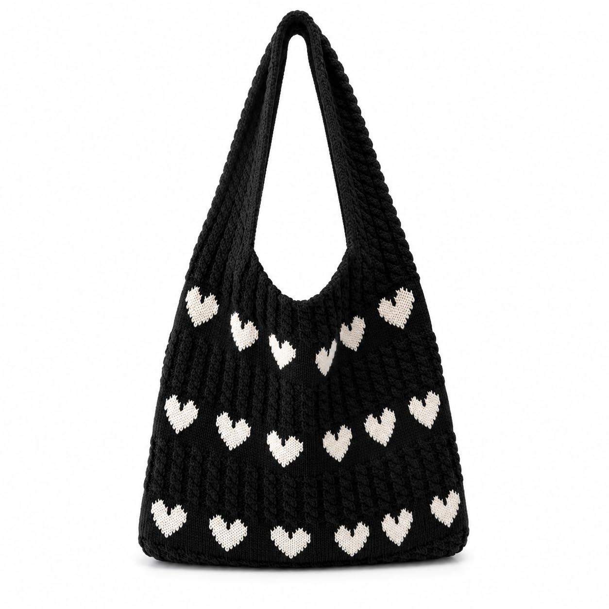 Kawn® Premium Knitted Heart Pattern Tote Bag Large Stylish and Durable Trendy bag for Everyday Use Beach Shopping Travel Work – Comfortable and Trendy Design (Black)