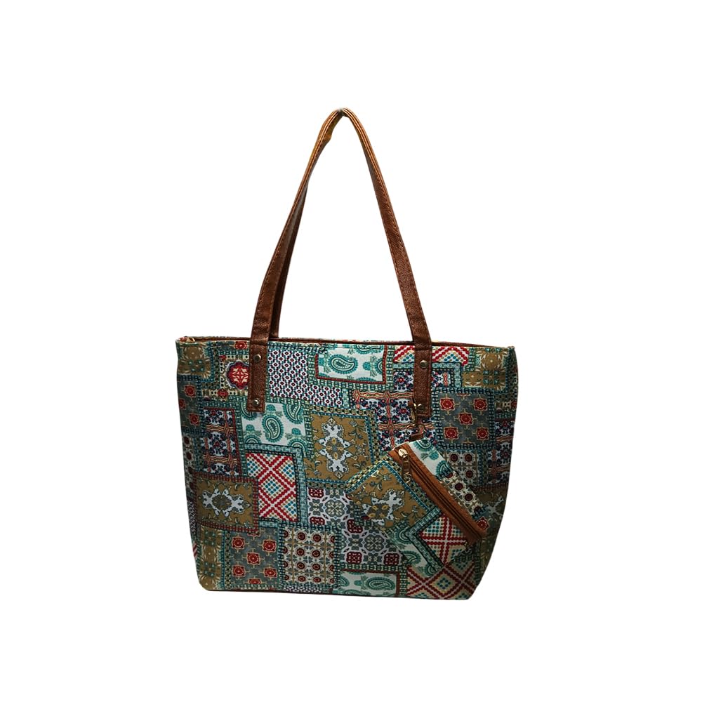 STYLE BA Women’s Stylish Tote Bag with Embroidery Print, Leather Handles & Multiple Zip Pockets | Big Size Handbag for Women | Office, College & Travel Tote Bag (32x30x8 cm)