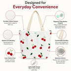 BROGBUS Cherry Print Canvas Tote Bag for Women, Cute Cotton Shoulder Handbag with Magnetic Button Closure, Reusable Shopping Bag for College, Office, Travel & Daily Use (31 x 25 cm, White)