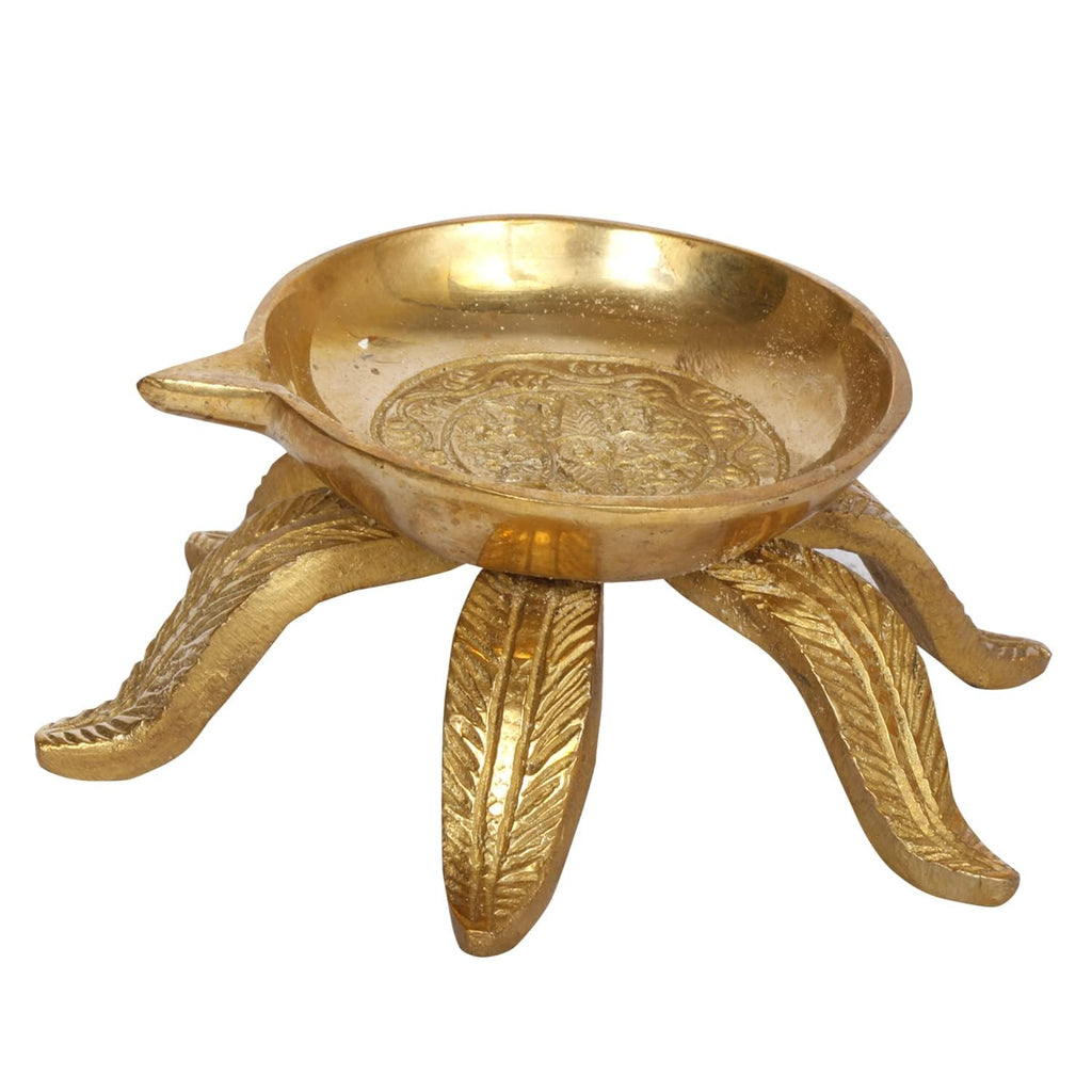 Svarup Brass Diya with Leaves Stand for Temple Aarti, Camphor Burn, Puja Jyot 5.5 Inch Gold Pack of 1